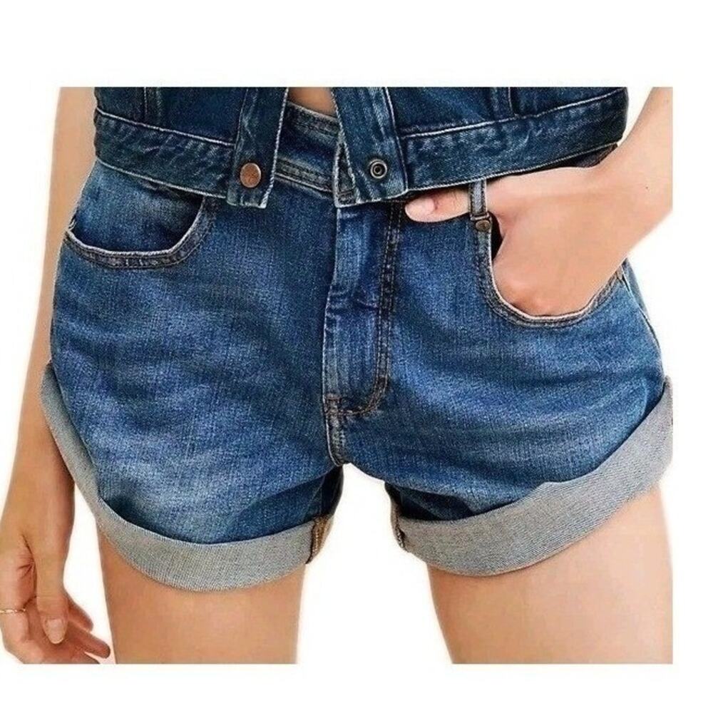 Anthropologie Pilcro Letterpress Blue Denim Shorts 32 Blue Salvage Roll Up $65 - Picture 2 of 16